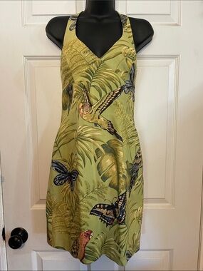 Y2K Muse Olive Green Tropical Bird & Beaded Butterfly Halter Mini Dress